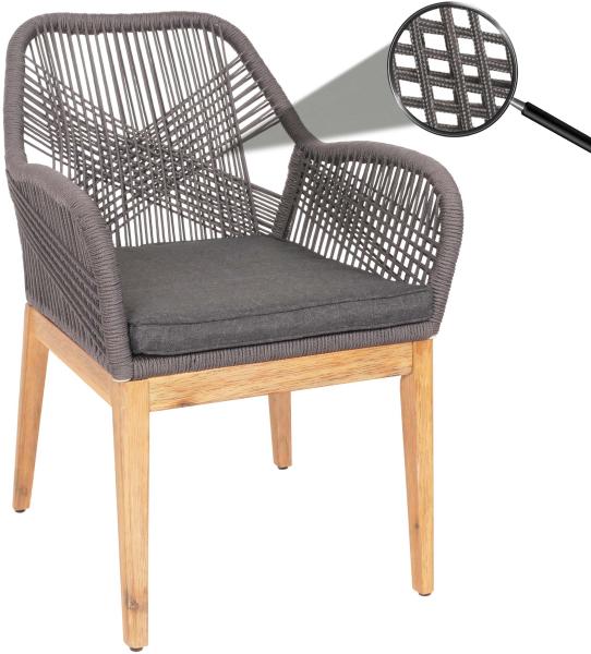 Gartenstuhl HWC-H56b, Sessel Outdoor Stuhl, wetterfest Seilgeflecht Rope Holz Akazie ~ grau Kissen anthrazit
