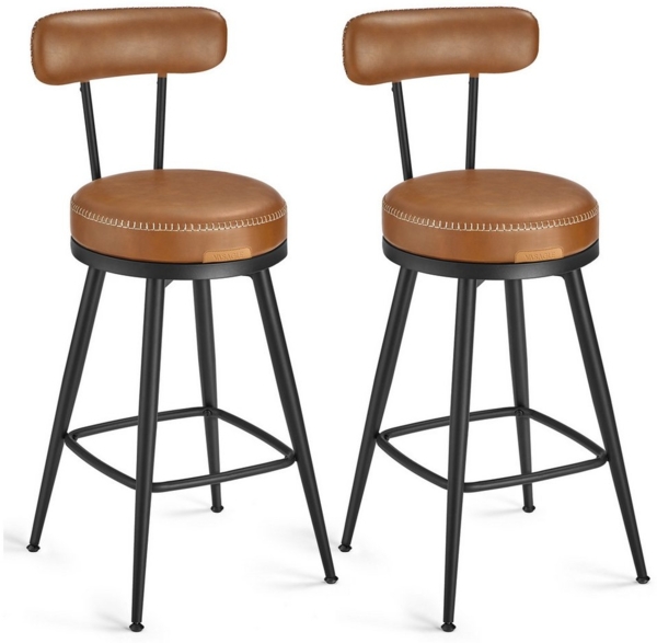 VASAGLE EKHO Kollektion - 360° drehbarer Barhocker, 2er Set, Hocker mit Rückenlehne für Bartisch, Kunstleder mit Nähten, Mid-Century-Modern-Stil, 76 cm hoch, Küche, Hausbar, karamellbraun