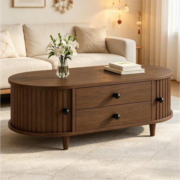 Merax Couchtisch Sofatisch oval Beistelltisch mit Massivholzbeinen (1-St), Wohnzimmertisch mit Rolltüren, 2 Schubladen & Stauraum, 100 x 50 x 36 cm