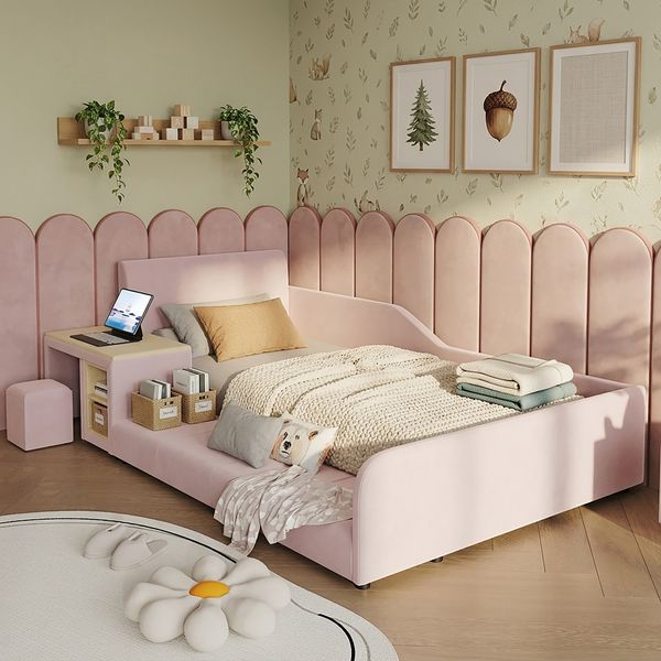 Merax Polsterbett, 90x200 cm Einzelbett mit Kinderschreibtisch und Hocker, Mit Ablageboden, Weiches Kopfteil, Kinderbett mit Holzlatten, Samt, Rosa
