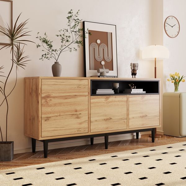 Sideboard mit 3 Türen & verstellbaren Regalböden, 160 x 35 x 76 cm, Schwarz/Naturholz