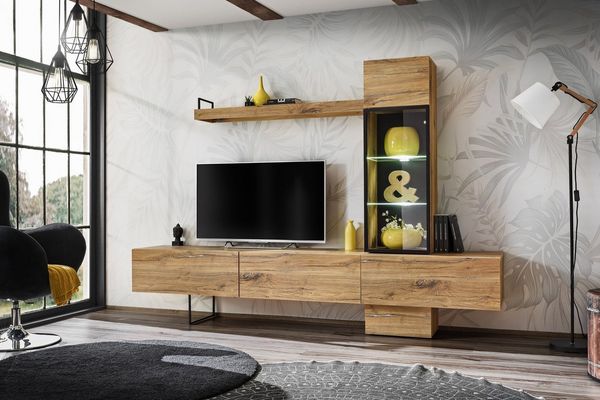 Wohnwand Rise mit LED Beleuchtung in Flagstaff Eiche 240 x 170 cm