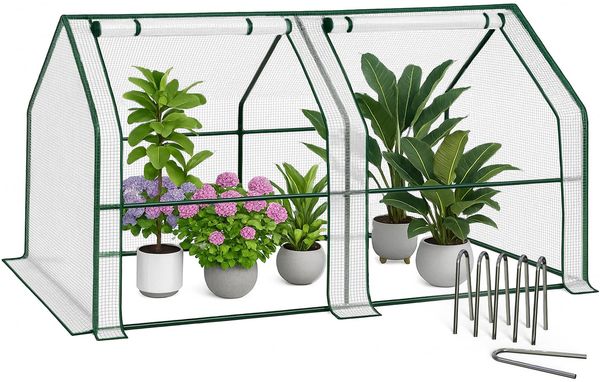 VOUNOT Gewächshaus Mini 180 x 90 x 90 cm mit 2 Rolltür, Klein Foliengewächshaus für Balkon, Garten, Tomatengewächshaus Stabil Winterfest Wetterfest, Verstärkte PE-Folie 135g/m², Weiß
