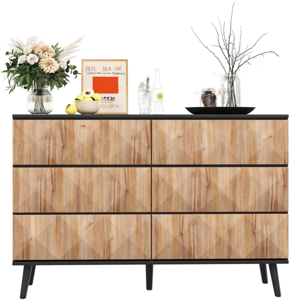 Sideboard, Kombination aus Schwarz und Naturholztönen mit erhabenen Türen, Holz, Schwarz+Natur
