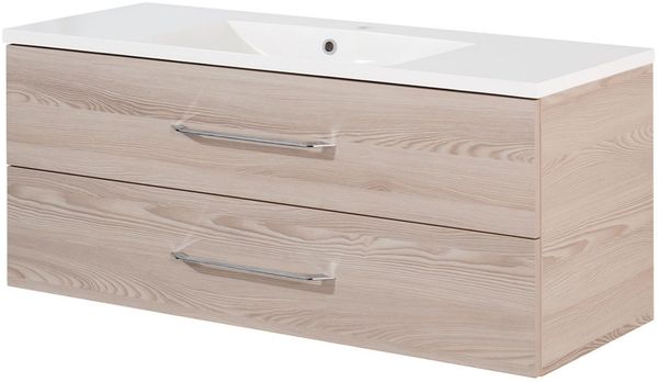 FACKELMANN B.CLEVER Waschbecken mit Unterschrank 120 cm breit, Braun hell, Waschbecken Gussmarmor Weiß