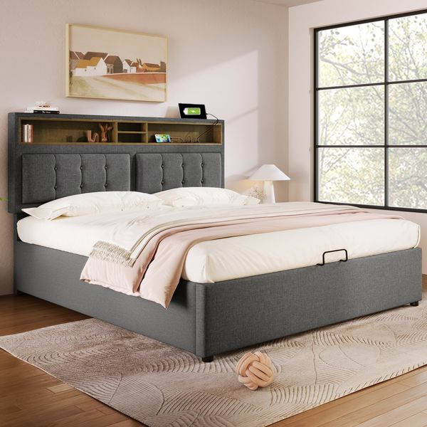 Polsterbett 140x200 cm mit verstellbarem Kopfteil, Leinenbezug und integrierter Ladestation (USB/Type-C & Steckdosen),Grau