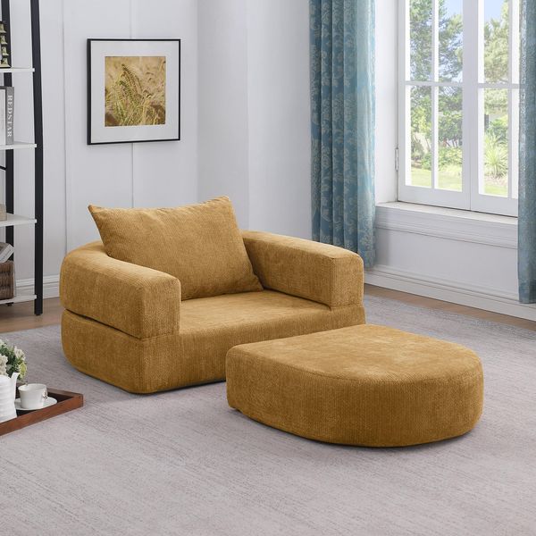 Flieks Relaxsessel Futon, klappbare Schlafcouch mit Kissen, vielseitige Bodenliege, Chenille, Gelb