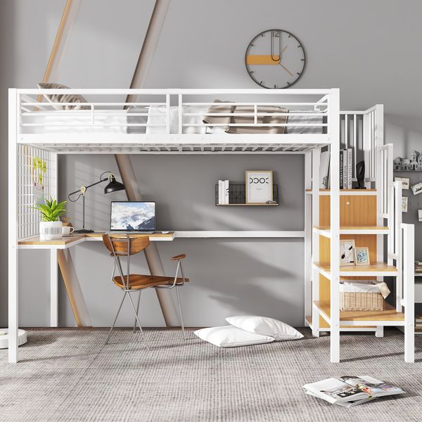 Hochbett 90x200 cm aus Eisen und MDF mit Kleiderschrank, Tisch, seitlicher Holztreppe und EN-747-Zertifizierung, ohne Matratze