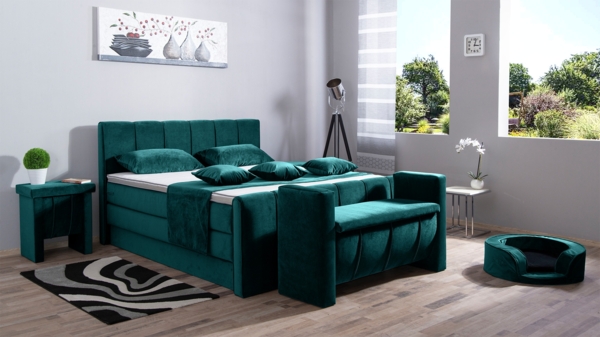 Meisterbetten Boxspringbett Roki 200x200 in VS-Türkis, Matratzenbezug Nano, Ergoflex-Topper, mit Fussteil