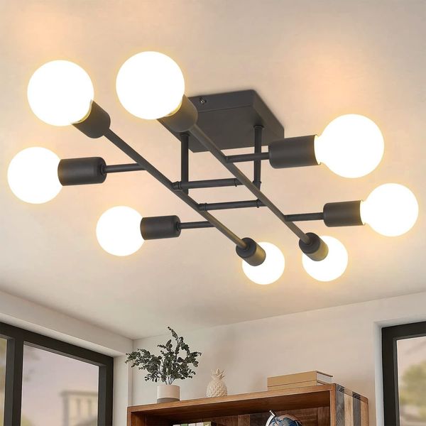 ZMH Deckenlampe Schwarz Deckenleuchte Wohnzimmer - Vintage E27 Lampe 8 Flammig Retro Kronleuchter Modern Metall Pendelleuchte für Schlafzimmer Küche Esszimmer Flur