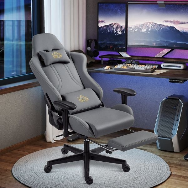 Gamingstuhl mit Fußstütze & 3D-Armlehnen, Polyester, 132x76x72, dunkelgrau