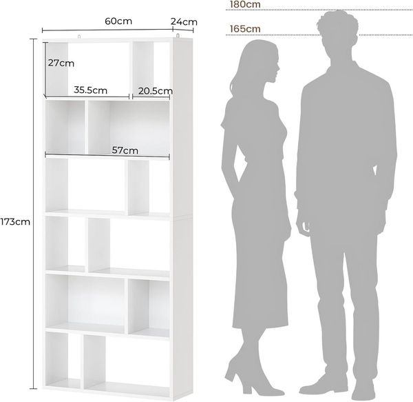 MSMASK Bücherregal Freistehend Bücherschrank mit 6 Ebenen und 12 offenen Fächern, 1-tlg, 173x60x24 cm – Ideal für Wohn- und Arbeitszimmer