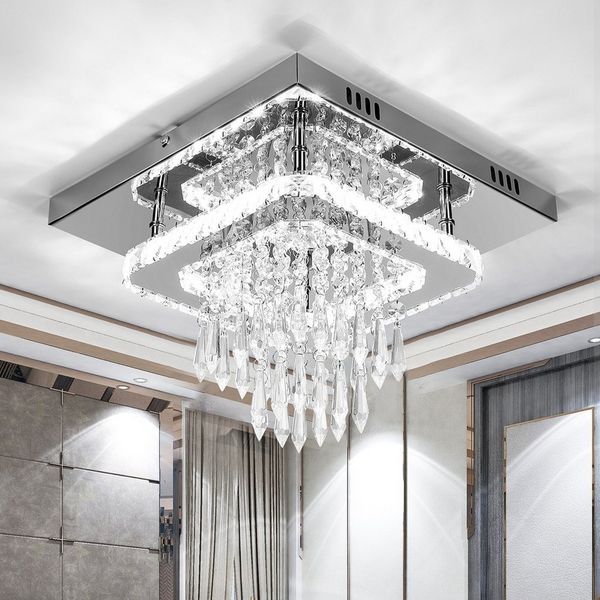 LETGOSPT Deckenleuchte Kristall LED Deckenleuchte Kristalllampe K9 Edelstahl 36W Deckenlampen, LED fest integriert, Kaltweiß, Warmweiß, Moderne Unterputzleuchte,Quadratische Glanz Deckenleuchte,30x30x12cm