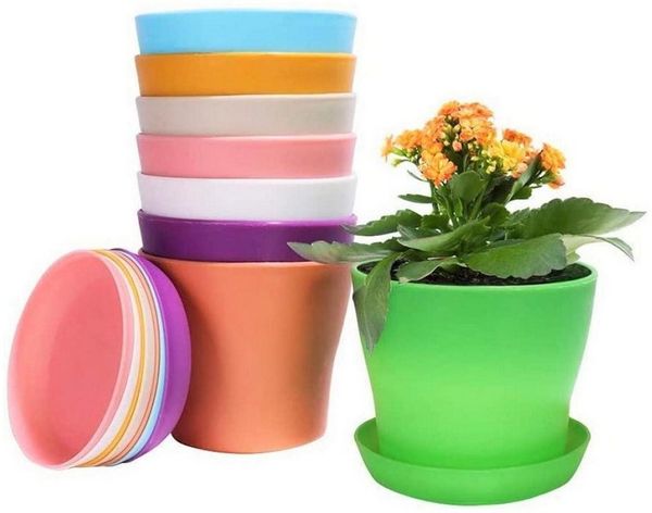 LuxusKollektion Blumentopf Blumentöpfe Kunststoff 8er Set 14 cm bunt mit Untersetzern