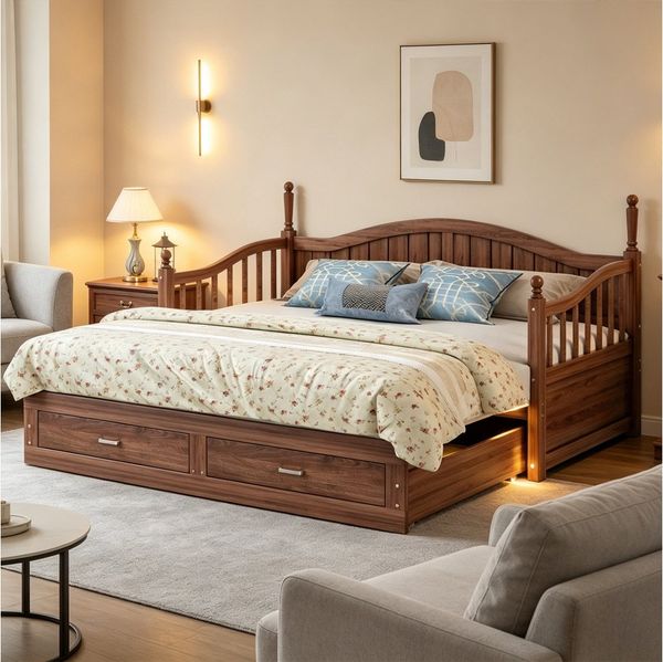 MODFU Schlafsofa Multifunktionales Zwei-in-Eins-Tagesbett, Ausziehbares Schlafsofa aus Massivholz 90x190cm bis 180x190cm – Mit eleganter römischer Säule, geschwungener Rückenlehne, Stauraum-Schubladen, stabiler Lattenrost, ohne Matratze