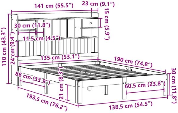 vidaXL Massivholzbett mit Regal ohne Matratze Weiß 135x190 cm Kiefer 3322592 Bild 11
