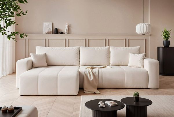 Ecksofa Schlafsofa Sofa LEROS in Stoff Manila Creme Ottomane Links