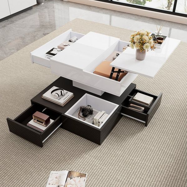 Merax Couchtisch hochglanz Sofatisch mit 360° drehbarer & anhebbarer Tischplatte (Beistelltisch, 90x90x55 cm, 1-St), Wohnzimmertisch mit 3 Schubladen, offenem Stauraum & verstecktem Fach