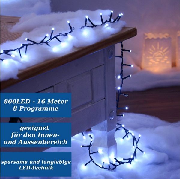 INtrenDU LED-Lichterkette Lichterkette 800LED kaltweiß 16m, mit itegriertem Timer, Beleuchtungsprogrammen und Memoryfunktion