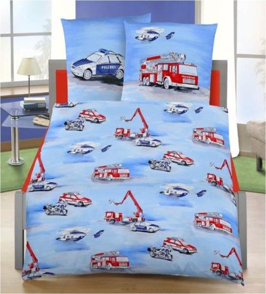 MTOnlinehandel Kinderbettwäsche Polizei & Feuerwehr 135x200 + 80x80 cm, 100 % Baumwolle, Biber, 2 teilig, Autos & Hubschrauber & Motorräder Bettwäsche