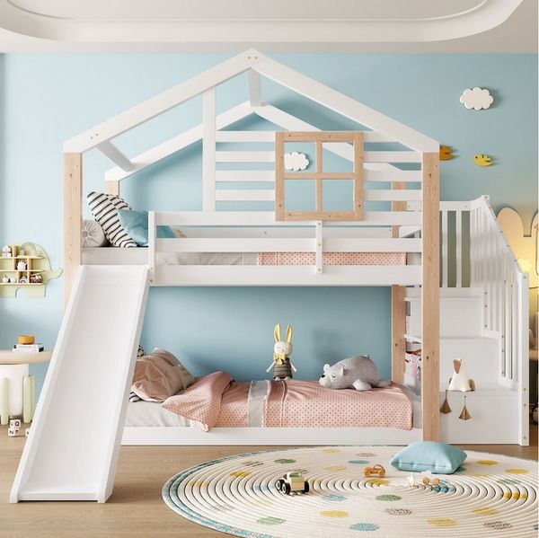 OKWISH Etagenbett Kinderbett Holzbett (mit Rutsche & Treppe, Massivholz, skandinavisches Design, mit Stauraum, 90x200 cm), ohne Matratze