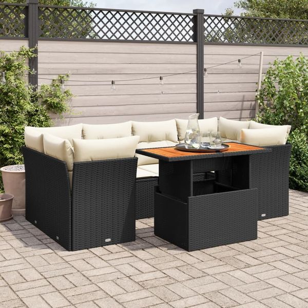 vidaXL 7-tlg. Garten-Sofagarnitur mit Kissen Schwarz Poly Rattan 3326891