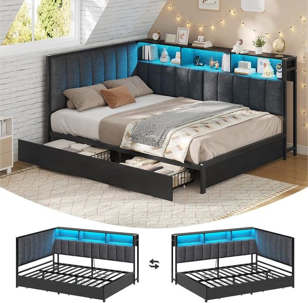 KIMENICH Polsterbett Jugendbett mit LED-Beleuchtung und Ladestation, Schlafsofa, Daybett (Ohne Matratze), Tagesbett mit 2 Schubladen und offenen Regalen, 140x190 cm