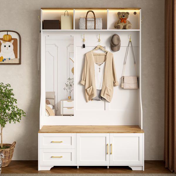 Garderobenschrank mit LED-Fach, Spiegel & Sitzbank, 120x40x187 cm, Weiß/Holzfarbe
