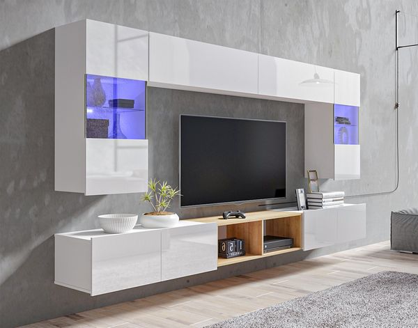 AX LIVING Wohnwand Wohnzimmer Kossana 24 – 300cm Weiß/Goldene Eiche