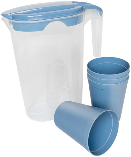 MICHELINO Elegantes 5-teiliges Karaffen-Set: Karaffe mit 4 Bechern aus Kunststoff Blau