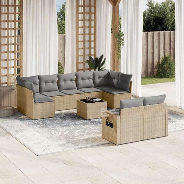 vidaXL 10-tlg. Garten-Sofagarnitur mit Kissen Beige Poly Rattan 3252966