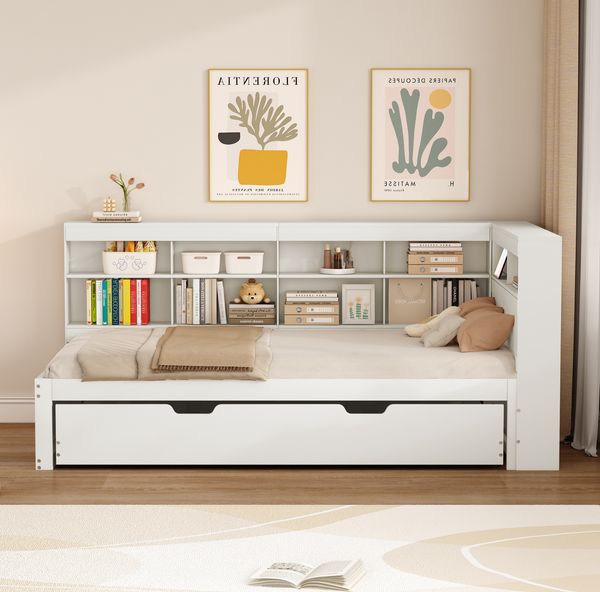 Multifunktionales Schlafsofa Weiß 90x200 Mit Ausziehbett USB Ladesteckdose Stauraum Massivkiefer 120kg Tragkraft Gästebett Jugendzimmer Kompakt