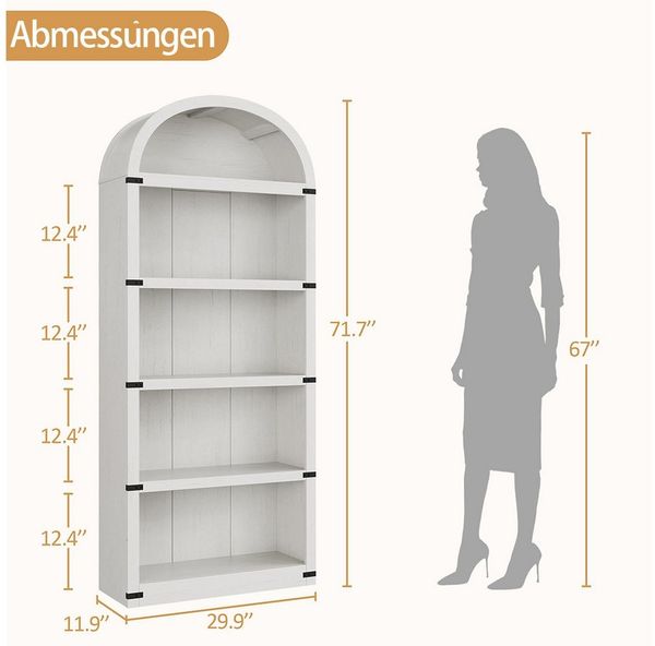GarveeMore Bücherregal 5Regalböden Gewölbtes Bücherregal 180CM Holz AnzeigeAusstellungsregal, Bücherregal Holzregale für Home Office, Wohnzimmer