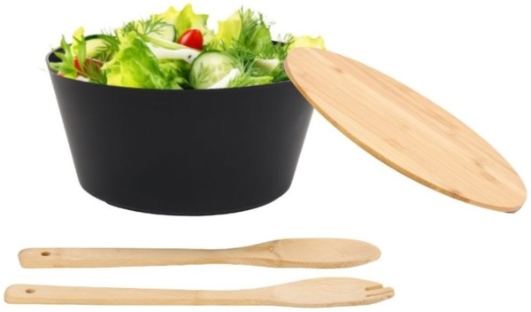 4-tlg. Bambus Salatschüssel Set - inkl. Servierbesteck Gabel & Löffel