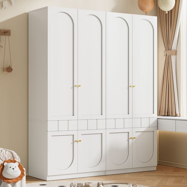 Merax 2-türiger Kleiderschrank, 2er-Set, Lack-Kleiderschrank, Kleiderschrank mit Kleiderstange und Schubladen, Schlafzimmermöbel, Metallgriffe, Weißes Kleiderschrank-Set