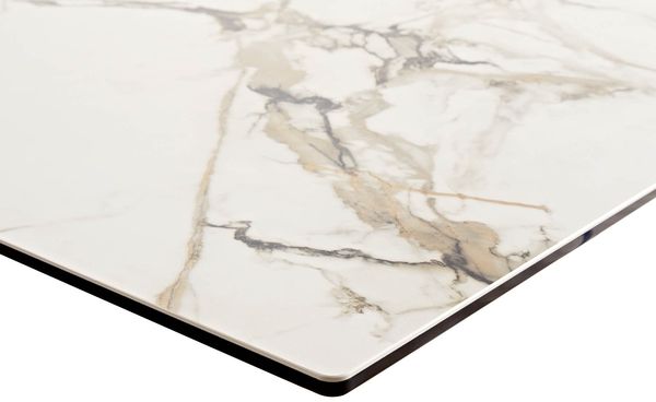 Esstisch Edge 180-220x100 Keramik Calacatta Luxe Weiß-Gold-Grau Kreuzgestell Rechteck Edelstahl ausziehbar Bild 4