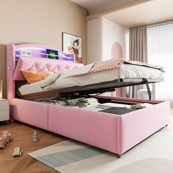 Polsterbett 90x200 cm aus Samt mit Stauraum, farbwechselnder LED und USB- und Type-C-Anschlüssen