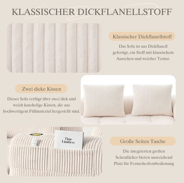 2-Sitzer Sofa 158 x 93 x 61 cm aus Cord in Beige – mit Seitenfächern und Becherhaltern Bild 5