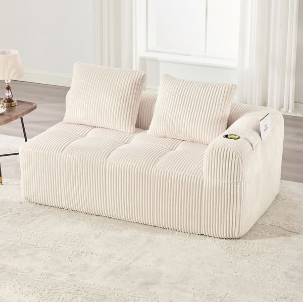2-Sitzer Sofa 158 x 93 x 61 cm aus Cord in Beige – mit Seitenfächern und Becherhaltern Bild 3