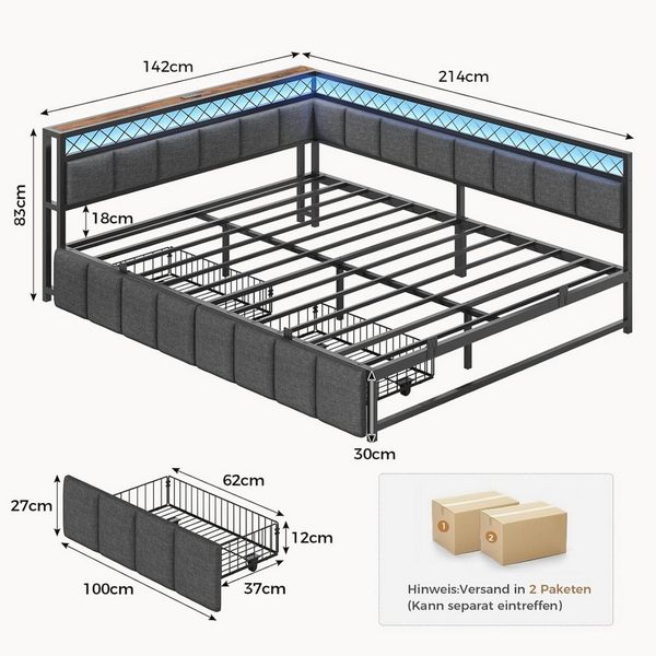 MSMASK Daybett Polsterbett Schlafsofa mit USB-Steckdosen und LED-Beleuchtung (1 tlg), Jugendbett mit 2 Schubladen, 140x200cm