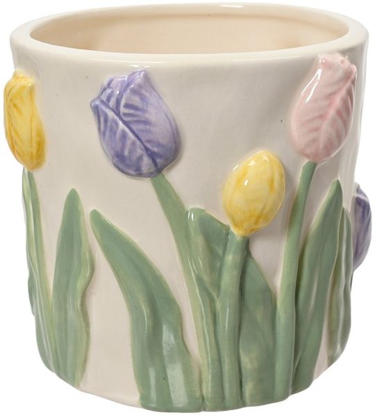 Decoris season decorations Blumentopf, Blumentopf / Übertopf mit Tulpenmotiv 10,8x10cm Keramik Weiß