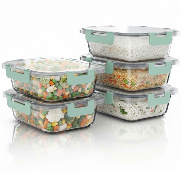 Arendo Frischhaltedose mit Deckel 5er Set, Vorratsdosen, Glas-Lunchboxen, auslaufsicher, Borosilikatglas, Kunststoff, (5-tlg), Mikrowellen-, Ofen-, Gefrier- & spülmaschinengeeignet, Klickverschluss