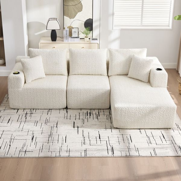 Ecksofa 261 x 165 x 81 cm – modulares 3-Sitzer Sofa aus Chenille in Beige mit Seitentaschen
