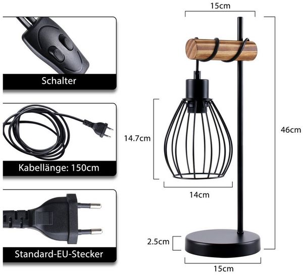 ZMH Tischleuchte Vintage Nachttischlampe E27 aus Metal Retro für Schreibtisch, inkl. Schalter, ohne Leuchtmittel, 1 flammig im Industrial Design aus Metall