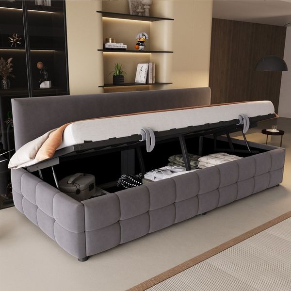 Merax Daybett (Einzelbett Jugendbett Tagesbett Kinderbett Schlafsofa Sofabett, 1 tlg), Polsterbett 90x200cm mit hydraulischem Stauraum &Rückenlehne, Samt