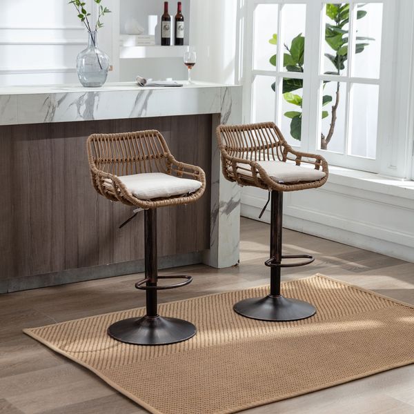 2 Barhocker Set, 49x48x89-109 cm, höhenverstellbar 65-85 cm, Beige Leinen