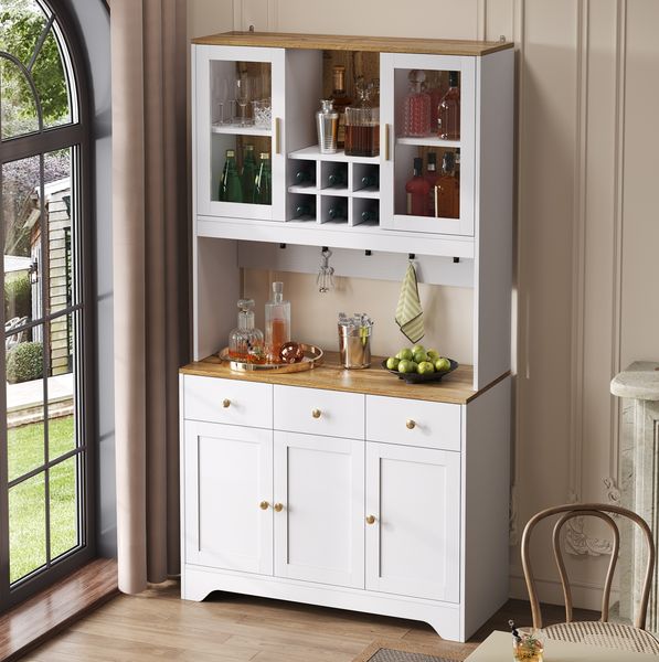 Hochschrank 94,5 x 30 x 175,5 cm in Weiß mit Holzoptik, MDF, 5 Türen und 3 Schubladen
