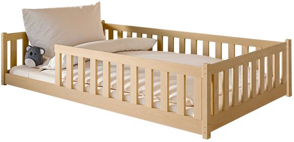 Kids Collective Kinderbett Bodenbett Bett mit Rausfallschutz & Lattenrost Montessori Bett Kinder (Jungen, Mädchen, Kinder, weitere Größen 80x160, 80x180, 90x190, 90x200, 140x200 cm), Jugendbett Gitterbett Einzelbett mit Matratze, Natur 120x200 cm