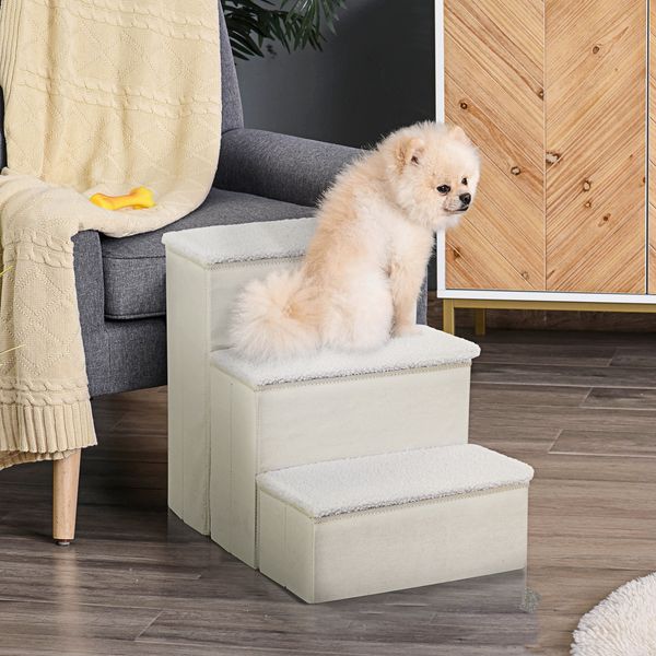 Haustiertreppe faltbar 3 Stufen mit Stauraum weich für Hunde Katzen Sofa Bett Auto,Weiß