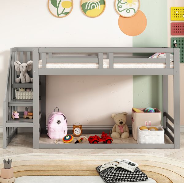 Hausbett Etagenbett Grau 90x200 Mit Lattenrost Sicherheitsgeländer Aufbewahrungsleiter Stauraum Kiefer Massivholz 120kg Belastbar Kinderzimmer Multifunktional Spielbereich Schlafplatz Geschwisterbett